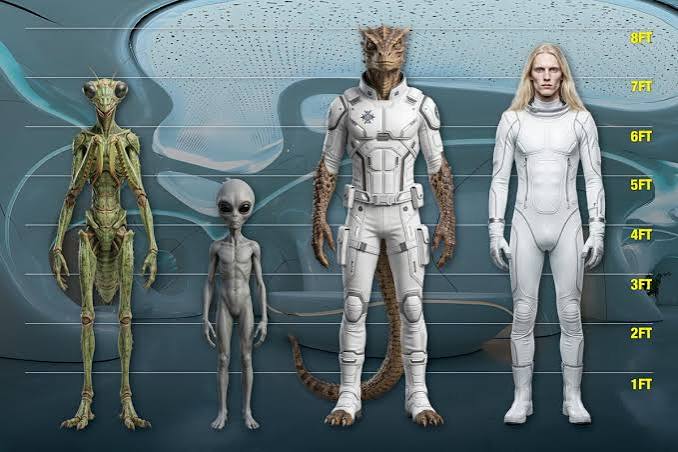 ARTISTIC ILLUSTRATION BASED ON UNVERIFIED DESCRIPTIONS — NOT PHOTOGRAPHIC OR BIOLOGICAL EVIDENCE — illustration depicting the four alleged categories of non-human beings described in UAP accounts including insectoid, grey humanoid, reptilian and Nordic figures with comparative height scale